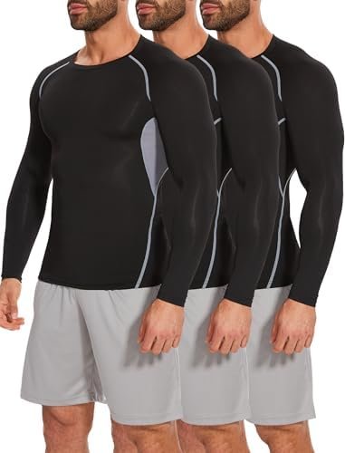 3 Pack Men's Compression Shirt Athletic Workout T-Shirts Top Long Sleeve Base Layer Patchwork Sport Undershirt