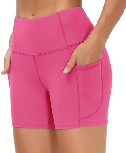 High Waist Yoga Shorts for Women's Tummy Control Fitness Athletic Workout Running Shorts with Deep Pockets