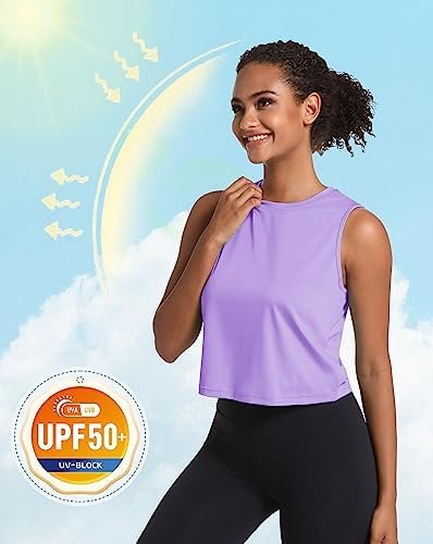 Women's Workout Cropped Tops UPF 50+ Athletic Running Tank Tops Sleeveless Gym Sports Muscle Shirts