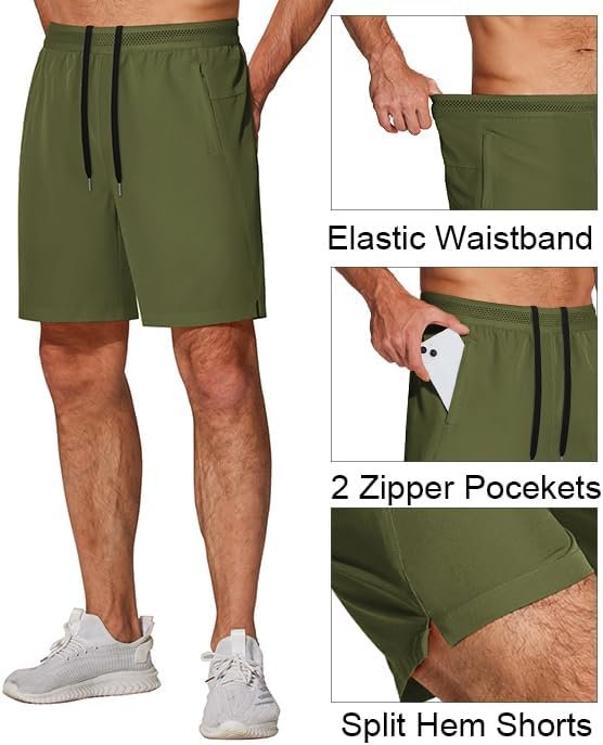 Mens Athletic Running Shorts 7" Gym Workout Shorts Lightweight Drawstring Training Shorts with Zipper Pockets