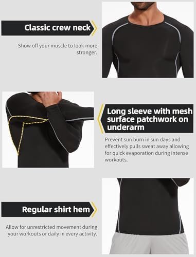 3 Pack Men's Compression Shirt Athletic Workout T-Shirts Top Long Sleeve Base Layer Patchwork Sport Undershirt