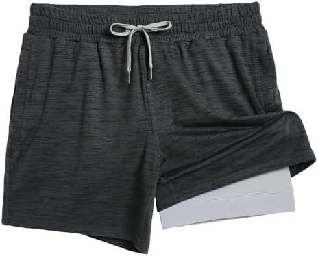 Mens 2 in 1 Running Shorts, 5" Gym Short with Zip Pockets, Quick Dry Workout Athletic Shorts for Men