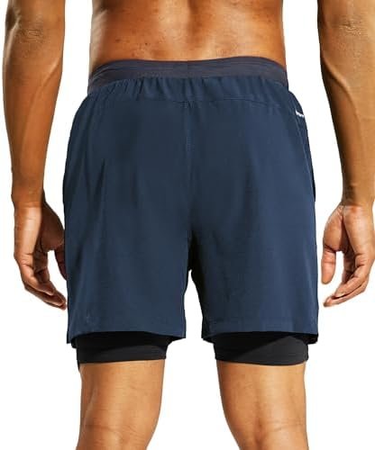 Mens 2 in 1 Running Shorts with Pockets, 5" Stretch Athletic Shorts with Compression Liner, Water Resistant Dry Fit